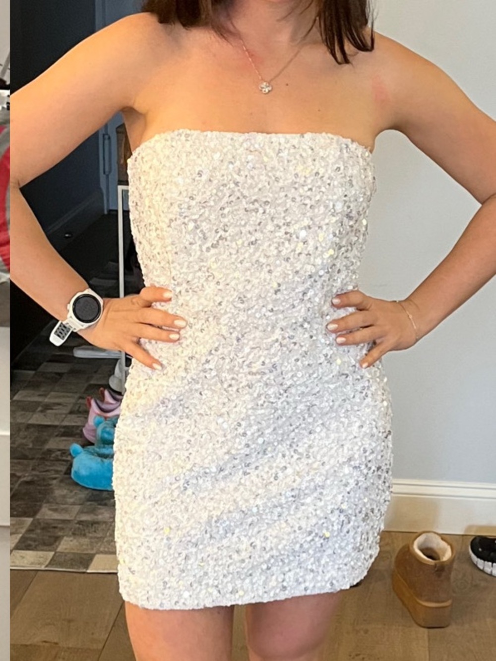 Retrofete White Sequin Strapless Mini Dress